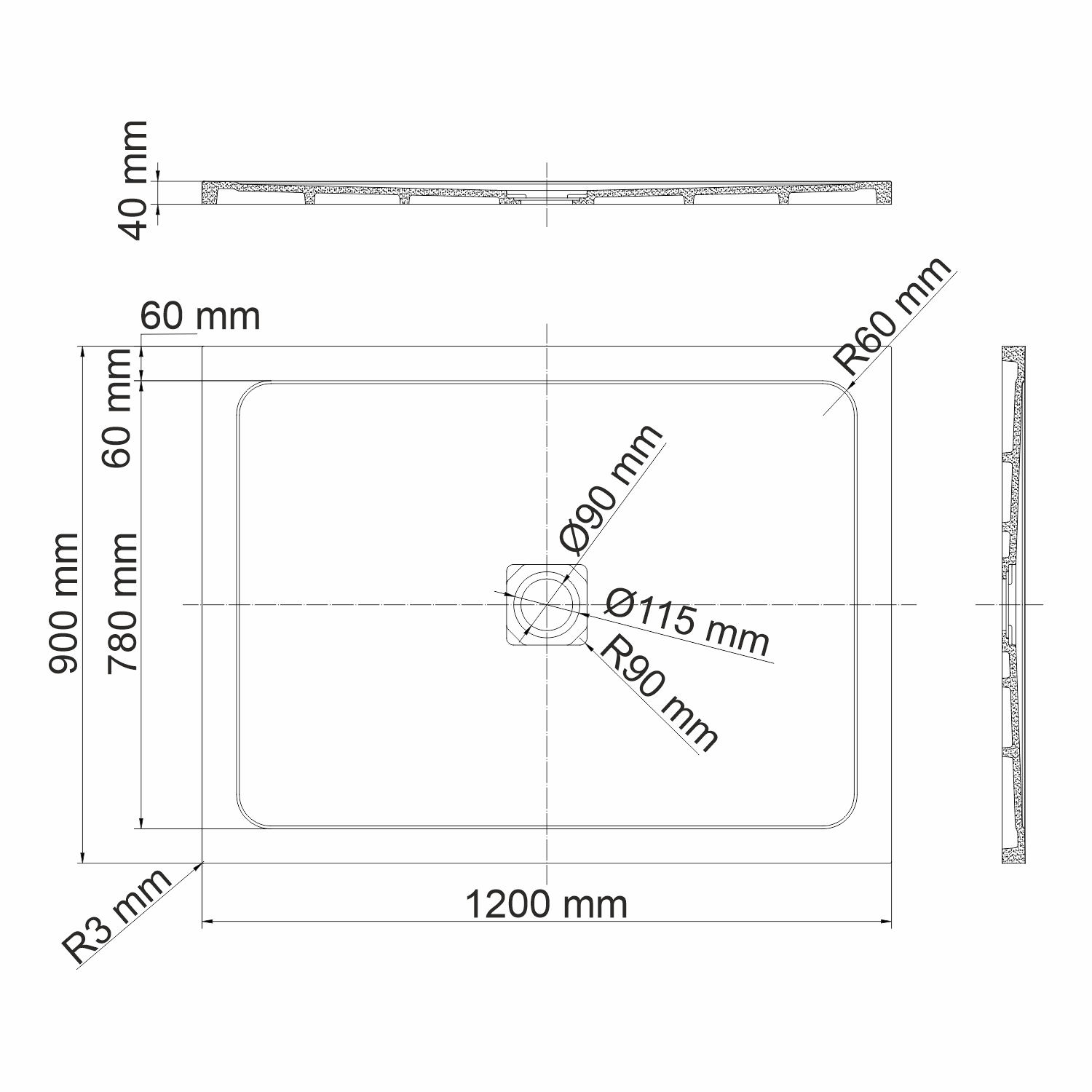 Душевой поддон Wasserkraft Dinkel 58T, 120х90 — чертёж с размерами