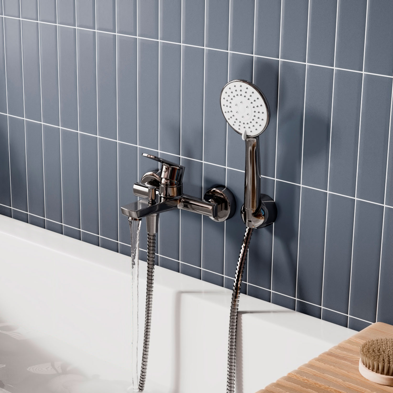 Смеситель Wasserkraft Dill 6100 с коротким изливом — на серой вертикальной плитке над белой ванной