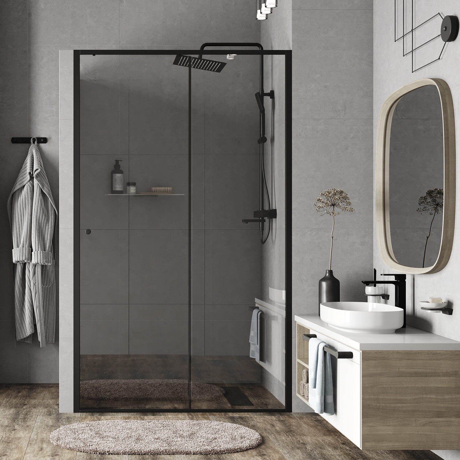 Душевая дверь Wasserkraft Dill 61S 120 см — стеклянное ограждение в ванной с серой плиткой и деревянным полом
