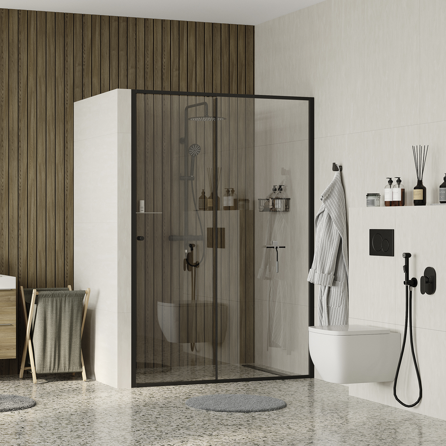 Душевая дверь Wasserkraft Dill 61S 100 см — стеклянное ограждение в ванной с деревянной стеной