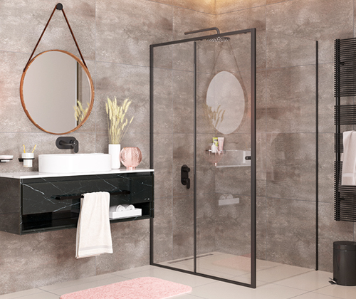 Душевой уголок Wasserkraft Dill 61S 100x80 — стеклянная перегородка у серой стены с зеркалом