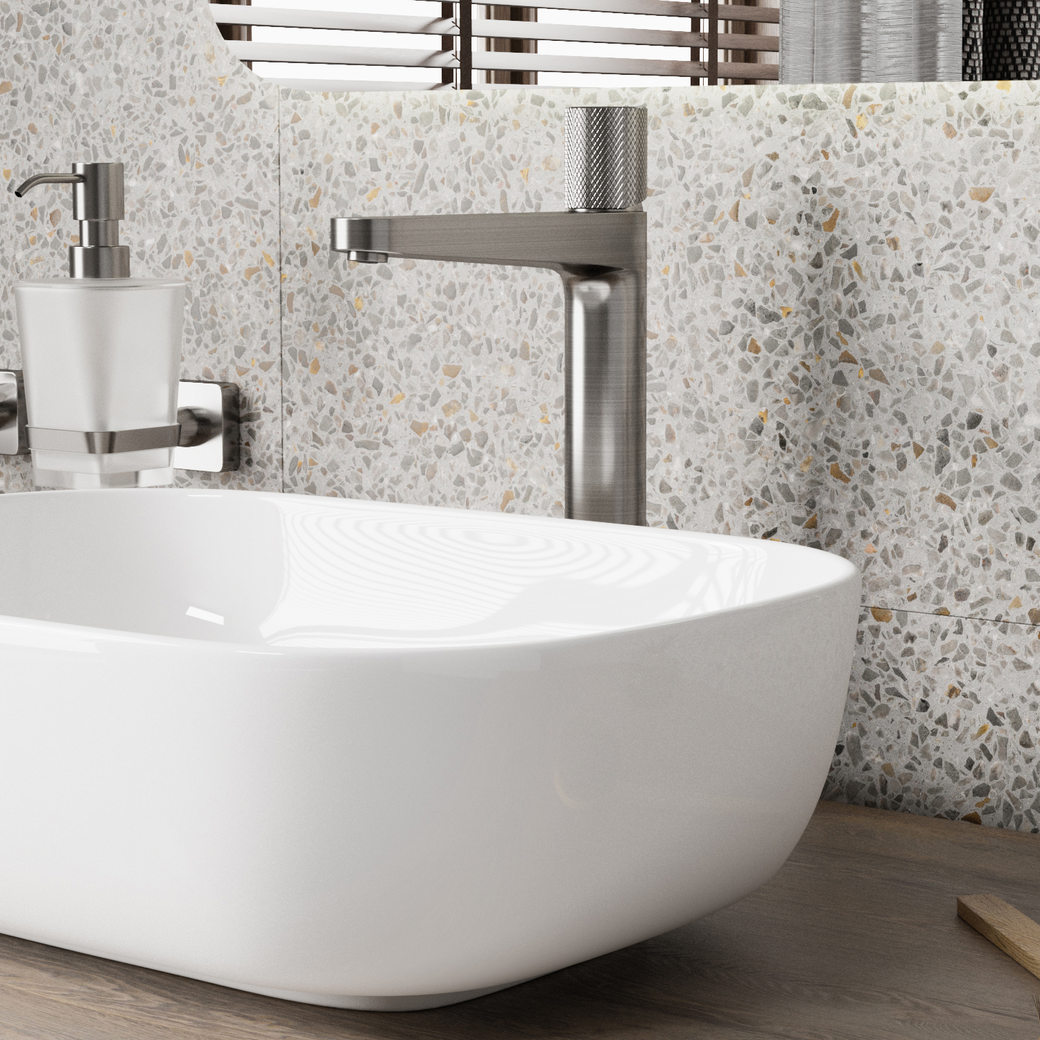 Смеситель для раковины Wasserkraft Tauber 6400 — на стене с терраццо и белой раковиной