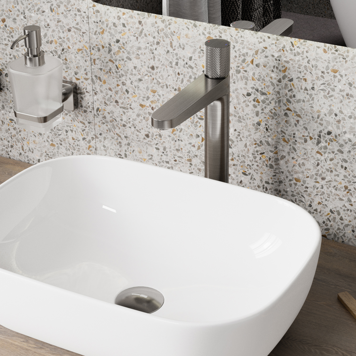 Смеситель для раковины Wasserkraft Tauber 6400 — на стене с терраццо и белой раковиной-1
