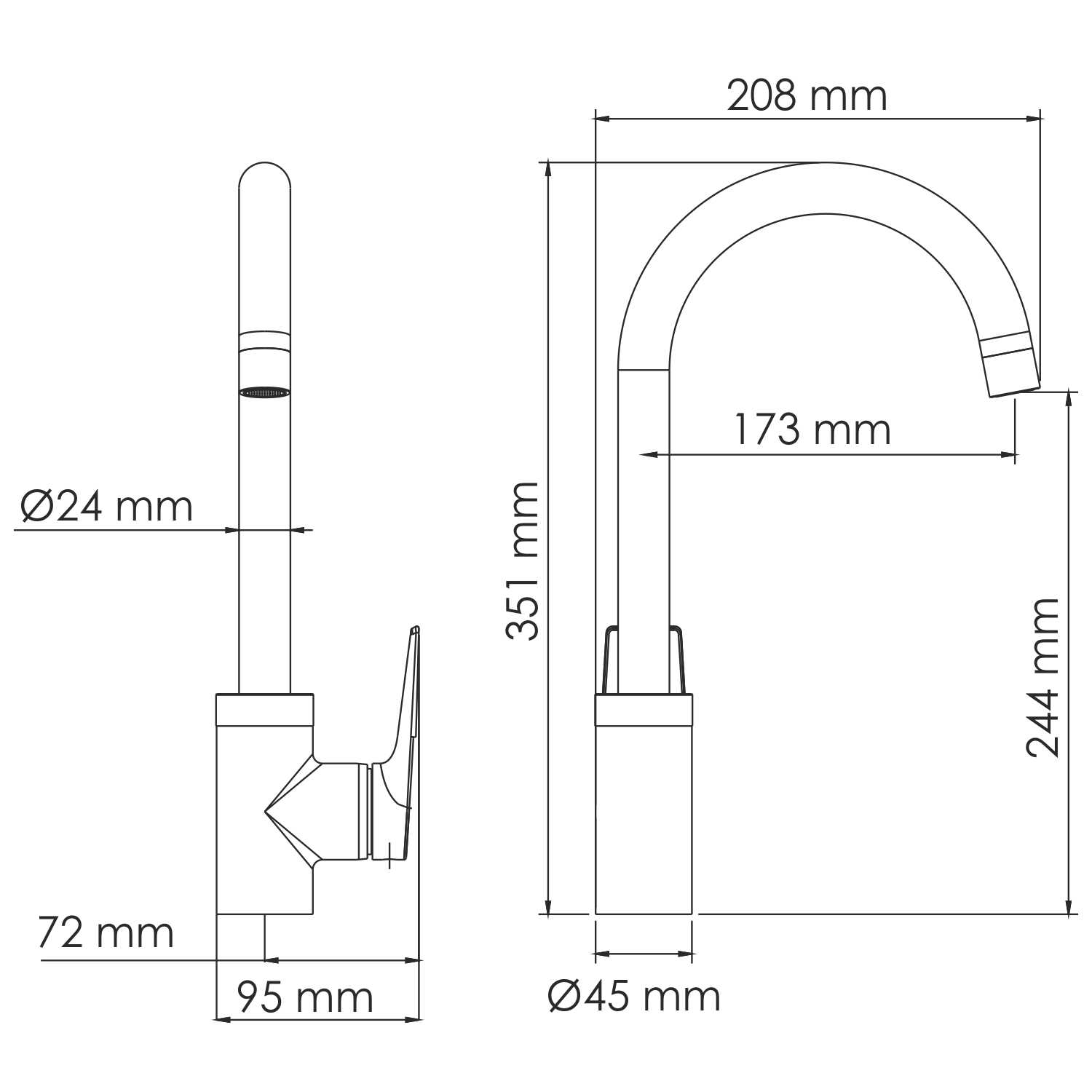 Смеситель для кухни Wasserkraft Glan 6600 — чертёж с размерами