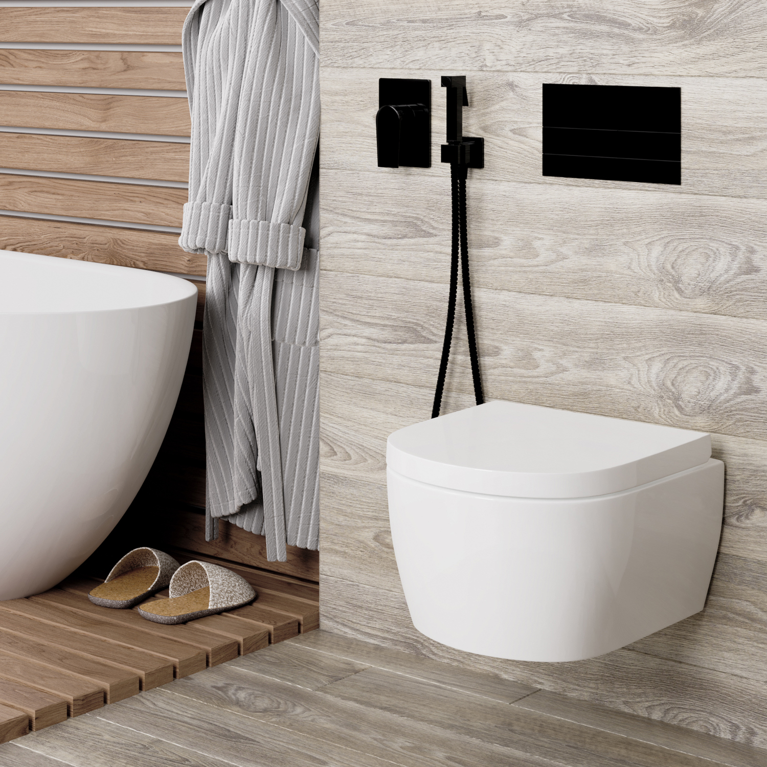 Встроенный смеситель Wasserkraft Glan 6600 для душа — на стене с текстурой дерева рядом с белой ванной