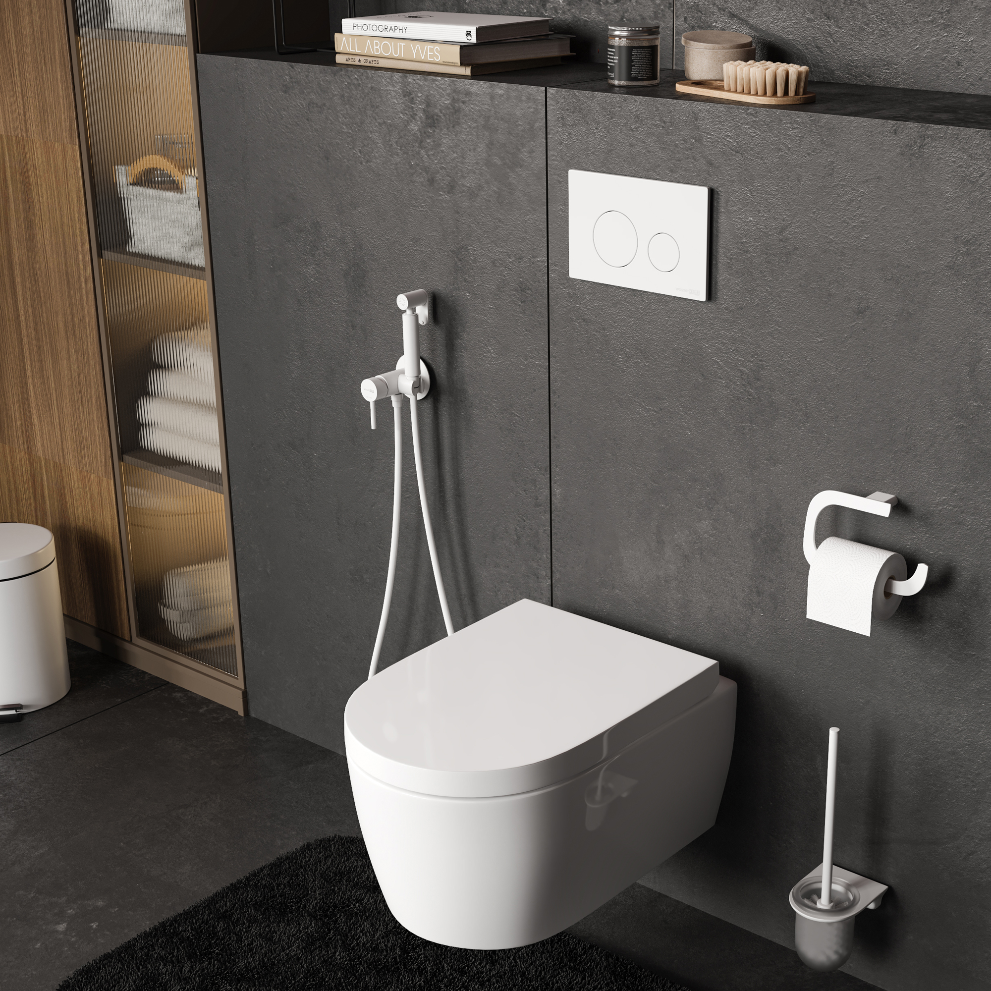 Инсталляция Wasserkraft Glan для унитаза — белый подвесной фаянс на серой стене