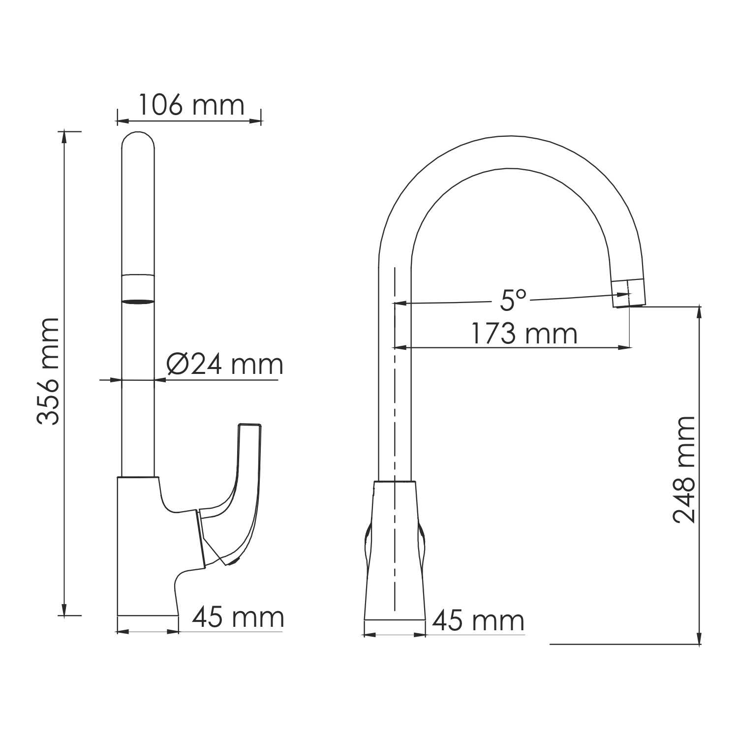Смеситель для кухни Wasserkraft Sauer 7100 — чертёж с размерами