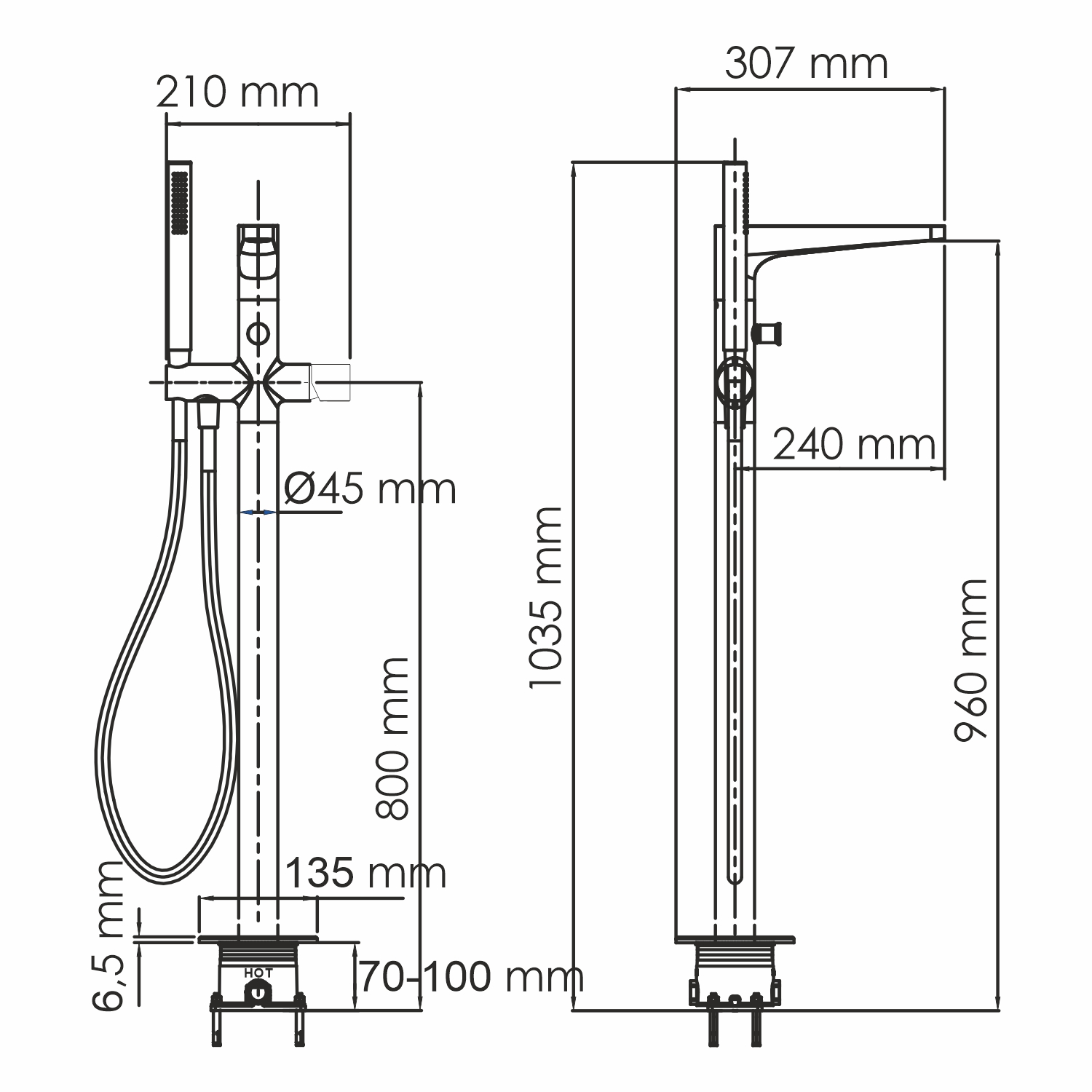 Смеситель для ванны Wasserkraft Sauer 7100 — чертёж с размерами