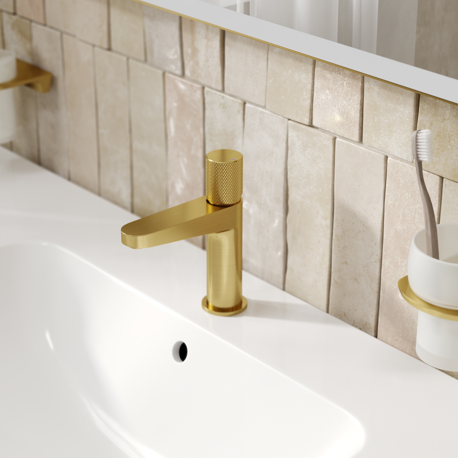 Смеситель для раковины Wasserkraft Schunter 8200 — вид сбоку на золотой кран у плитки из бежевого камня