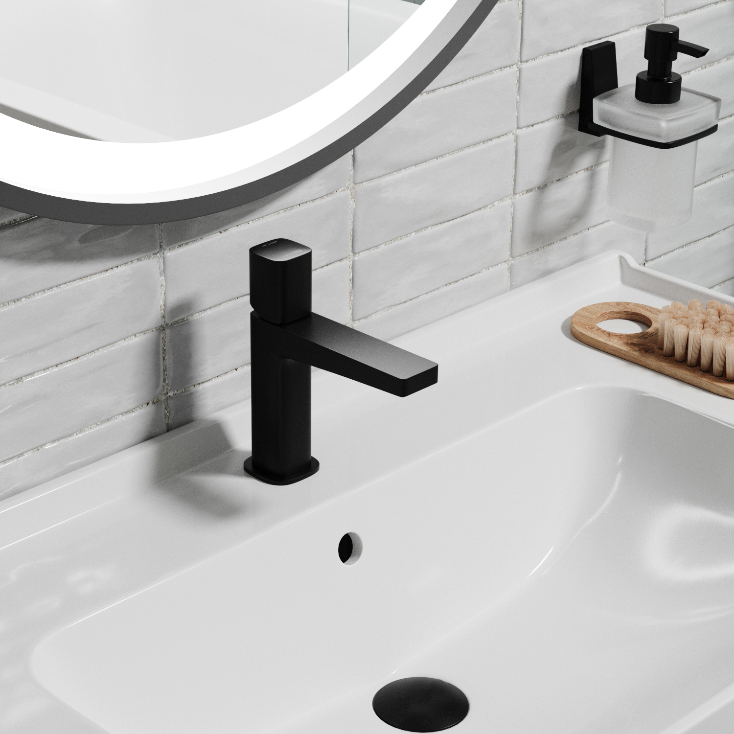 Смеситель для раковины Wasserkraft Nuthe 9100 — черный смеситель на фоне белой плитки