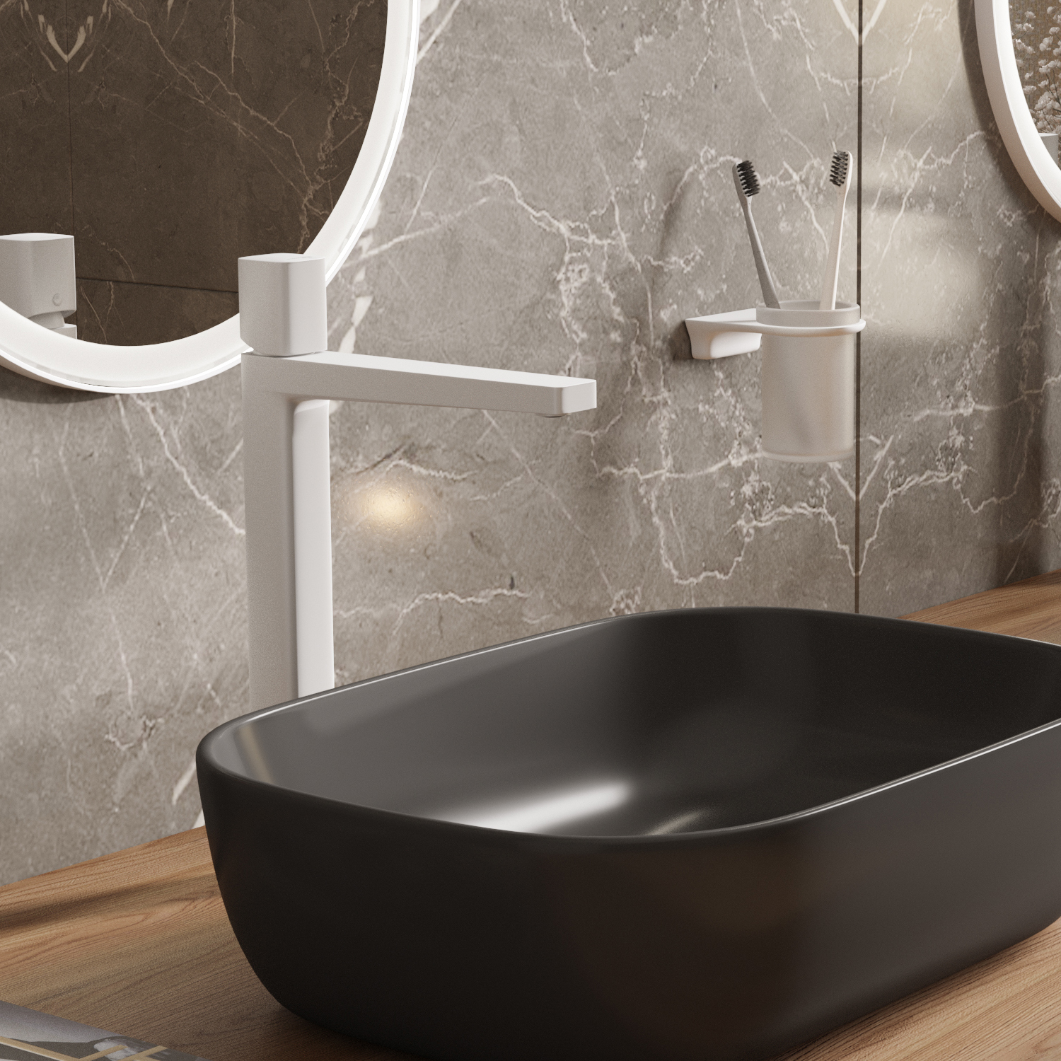 Смеситель для раковины Wasserkraft Saale 9500 — белый кран на фоне серой мраморной стены