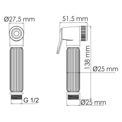 Гигиенический душ Wasserkraft Isar 1300 с фиксатором — чертёж с размерами