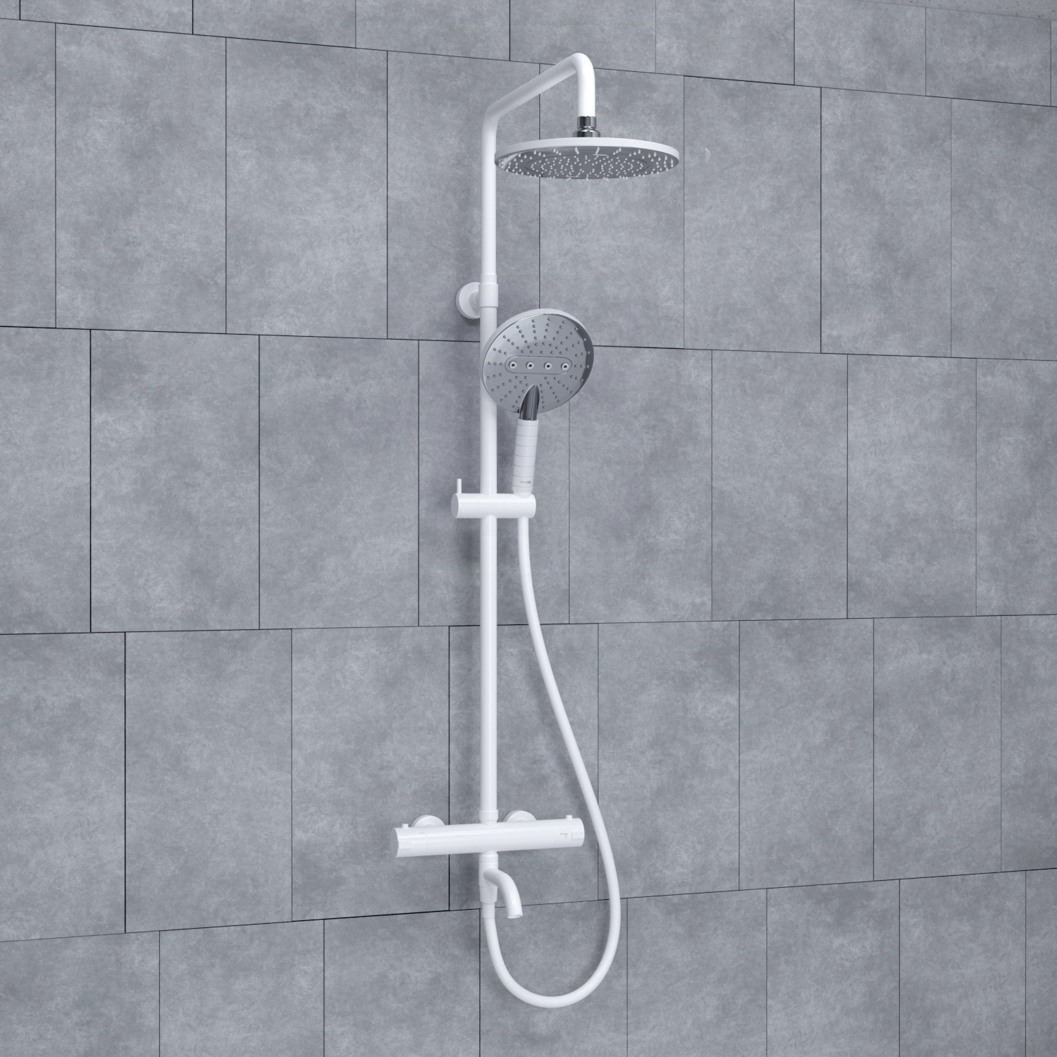 Душевая система Wasserkraft Mindel 8500 с термостатом, тропическим душем + лейка — на серой плитке в ванной