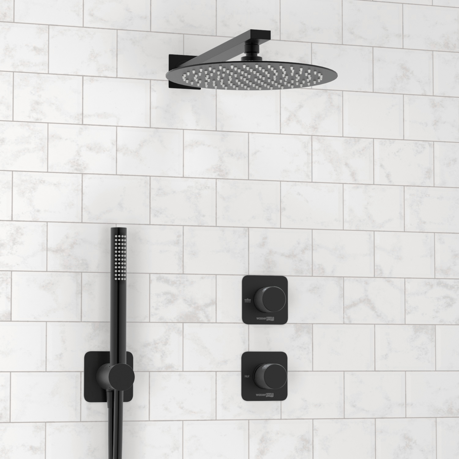 Душевая система Wasserkraft Fulda 5200 с тропическим душем + лейка — черный смеситель на белой плитке-2