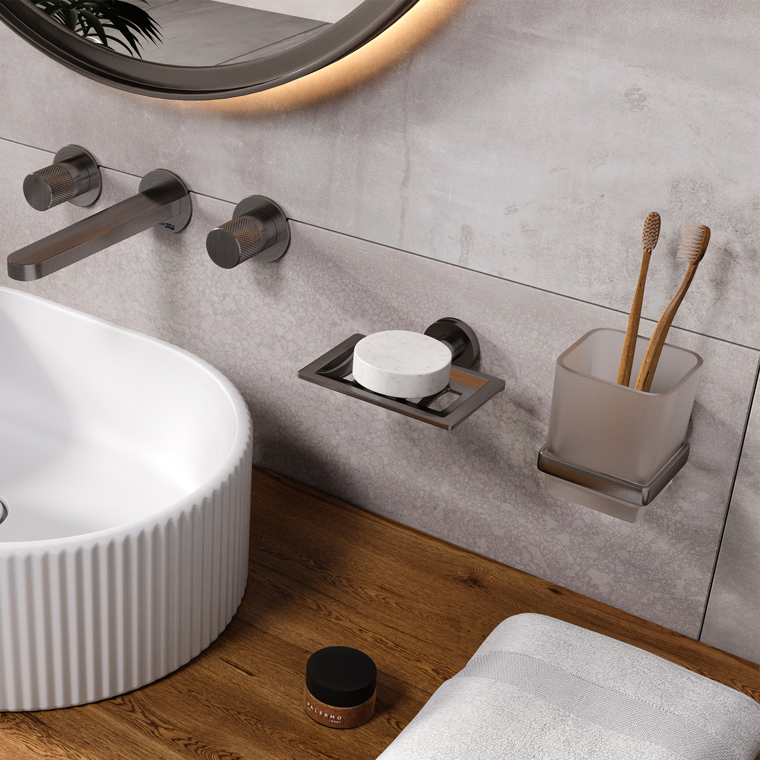 Стакан Wasserkraft Tauber K-64400 для зубных щеток — аксессуар на серой стене рядом с раковиной